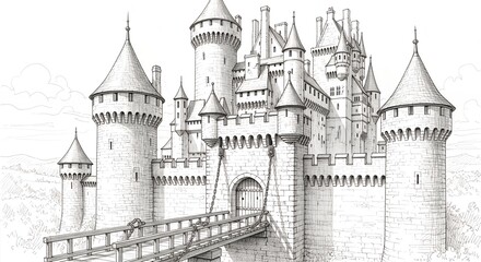 Obraz premium Medieval Castle with Tall Towers and Drawbridge in Black and White Sketch