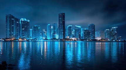 Obraz premium Dramatic Cityscape at Night with Reflections on the Water, Featuring Tall Buildings and Striking Blue Illumination