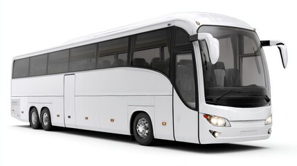Sleek Modern White Coach Bus for Passenger Transport, Isolated on White Background, Clean Design