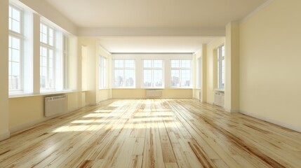 Fototapeta premium Bright and Spacious Empty Room with Hardwood Floors and Natural Light Streaming Through Windows