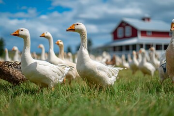 Obraz premium Flock of geese grazing in a green field near a farm.