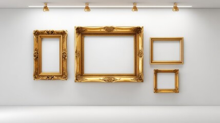 Gallery wall featuring ornate gold frames on white wall, illuminated by spotlight, ready for artwork