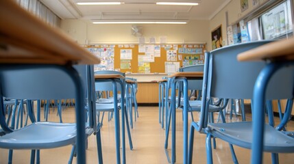Classroom Interior with Student Desks and Chairs, Creating a Learning Environment, Ideal for Education and Back-to-School Concepts