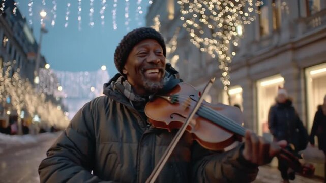 Elderly African man plays violin on snowy street lined with holiday lights and shops. Joyful winter busker in coat and beanie, capturing festive urban spirit