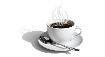 Fresh Hot Coffee in White Cup with Saucer and Silver Spoon on White Background
