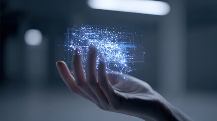 Woman's Hand Holding Abstract Digital Network, Representing Technology, Innovation, and Future Connectivity in Futuristic Setting