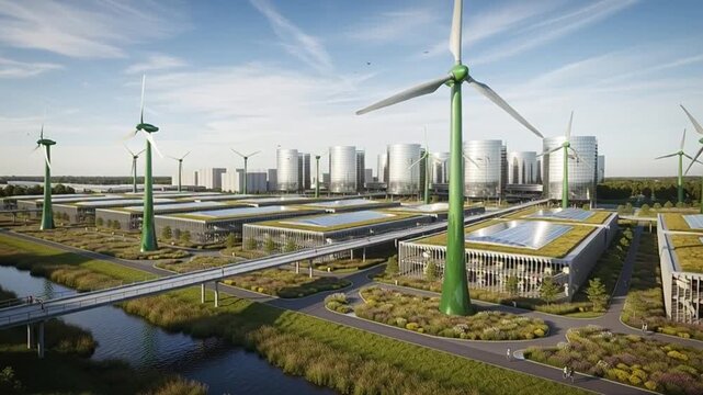 Experience a dynamic eco city featuring green energy wind turbines, solar panels, and modern architecture blending sustainability and innovation