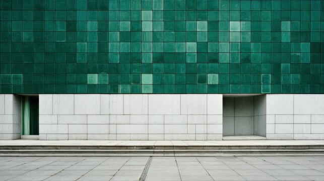 Modern Building Facade with Emerald Green and White Tiles, Minimalist Architecture and Exterior Design