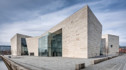 Fototapeta premium Modern Architecture: A Stunning Contemporary Building with Glass Facade and Stone Exterior Design