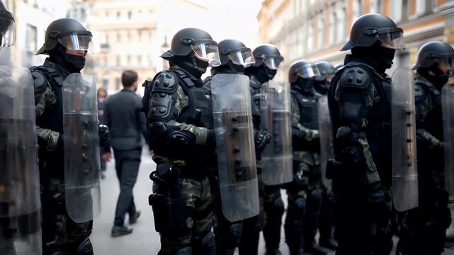 A closeup shot of a group of police officers in riot gear on a city street. The officers are wearing helmets, shields, and tactical gear.