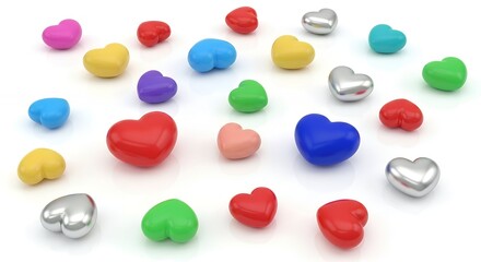 Colorful Heart Shapes in Silver Gold Blue Red Green Yellow Pink on White Background