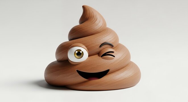 Cartoon Poop Emoji with Winking Eye and Smiling Mouth on White Background - Powered by Adobe