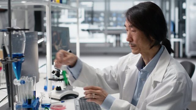 Senior biochemist shaking laboratory glassware filled with green indicator solution at workstation in research facility. Asian lab worker mixing chemical fluids inside cylinder, camera B