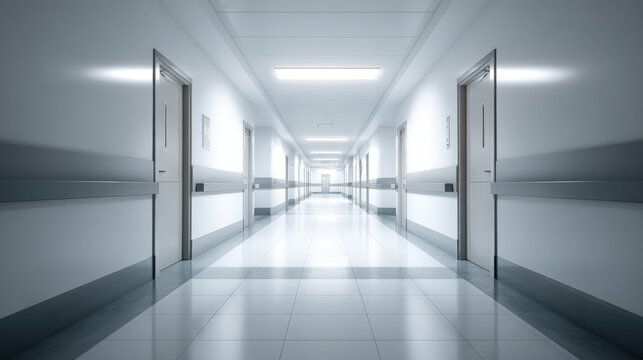 Hospital Hallway Perspective: Clean, Modern Interior Design for Healthcare and Medical Facility Concepts