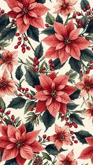 ほどよい密度の配置により長文のタイポグラフィも載せやすい実用性重視の手描きポインセチア縦型パターン. 生成AI