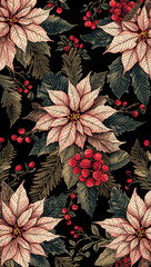 小粒の赤い実を点在させ視線の道筋を繊細に設計し落ち着きと華やぎを両立させた手描きのシームレス模様. 生成AI