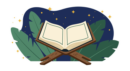 Elegant vector illustration showcasing the Holy Quran open on a wooden stand, set against a backdrop of lush leaves and a starlit night sky, radiating tranquility.