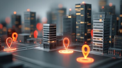 Futuristic Cityscape with Glowing Location Markers: Urban Navigation Technology and Smart City Concept