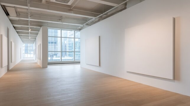 Modern Art Gallery Interior with Blank White Canvases Ready for Exhibition and Visitors Exploration - Powered by Adobe