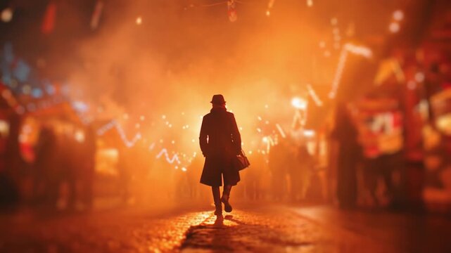 A man in a trench coat and hat strides forward through an orange-hued foggy street at night, surrounded by blurred crowds, fireworks bursts, and hanging lights creating a vibrant festival vibe