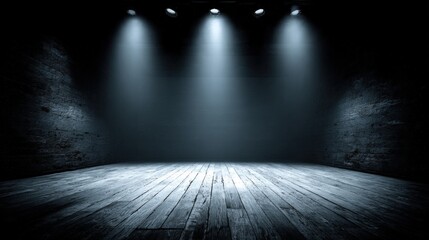 Dramatic Studio Interior with Spotlights Illuminating Wooden Stage for Performance or Product Showcase