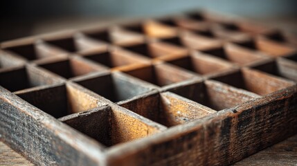Rustic Wooden Compartment Box Close-up: Vintage Style Organizer for Storage and Display on Wood Background