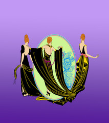 Elegant Women in Flowing Black Dress-Art Nouveau Fashion Illustration
