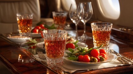 Luxury Private Jet Catering: Gourmet Meal with Drinks Served on an Exclusive Aircraft
