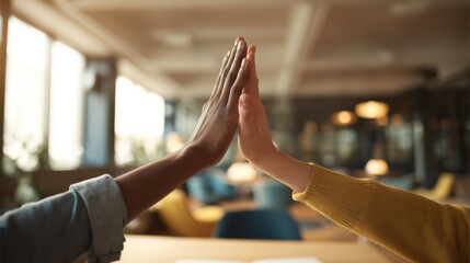 High Five Between Diverse Colleagues Celebrating Success in Modern Workspace, Showing Collaboration and Achievement