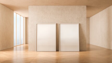 Fototapeta premium Minimalist Gallery Space with Two Blank Frames for Art Mockups in a Bright, Neutral Environment