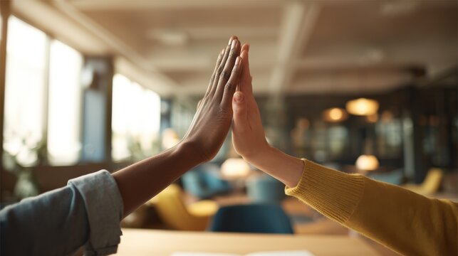 High Five Between Diverse Colleagues Celebrating Success in Modern Workspace, Showing Collaboration and Achievement