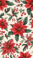 白場と色面の比率を吟味し印刷物の読みやすさを確保した冬のポインセチア連続柄が多用途で活躍する実用的背景. 生成AI