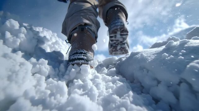 Hiking boots on snowy ground, laces tied, outdoor winter adventure, crisp white snow, rugged footwear for cold trails, fresh powder scene