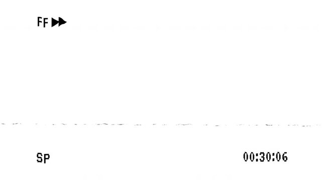 FAST FORWARD VHS tape screen and timecode with scratches and distortion effect show on white background. 4k video resolution.