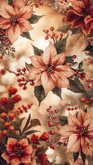 花と葉のスケール差で立体感を演出し密度を保ちながら重さを避ける設計の上品なクリスマス向け連続パターン. 生成AI