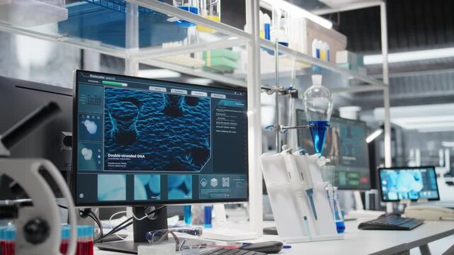 Research facility workstation with computer monitor displaying DNA data and molecular analysis interface. Bioinformatics genomics visualization on PC in laboratory environment, zoom out shot