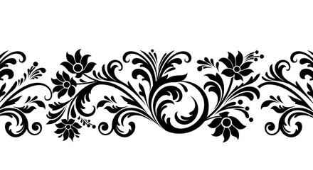 An elegant black and white seamless floral border with ornate arabesque patterns, perfect for decorative design elements and graphic resources.