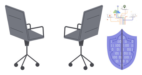 Two office chairs face one another. Beside them, a circuit pattern connects to icons representing cloud and technology, with a shield featuring binary code. Ideal for collaboration, communication