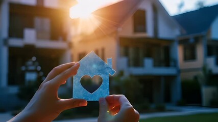 A hand holds a translucent paper cutout of a house with a heart cutout, set against a backdrop of a sunlit residential area. The scene is bathed in a warm, golden hue.