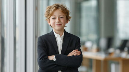 Young Entrepreneur in the City: A confident young boy, dressed in a smart suit, poses with folded arms in a modern office setting. Capturing the essence of ambition and future potential.