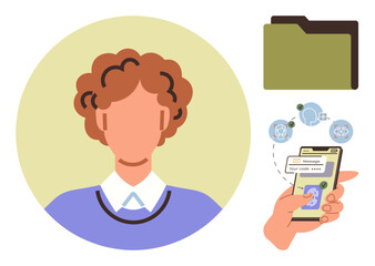 User accessing mobile verification code with icons for secure messaging, folder for data storage, profile symbol. Ideal for cyber security, data management, identity, privacy, safety, protection
