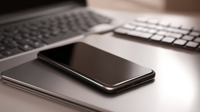 Modern workspace featuring smartphone, laptop and keyboard for remote work or digital lifestyle concept