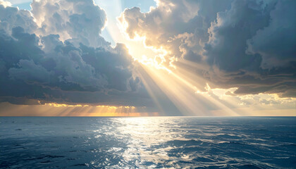 Realistic dramatic sky showing sunlight piercing through thick storm clouds, soft rays hitting ocean surface, cinematic 8K detail