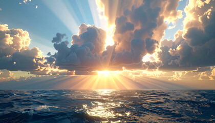 Realistic dramatic sky showing sunlight piercing through thick storm clouds, soft rays hitting ocean surface, cinematic 8K detail
