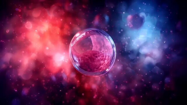 A vivid, abstract digital artwork featuring a transparent bubble filled with a pinkish substance, set against a cosmic backdrop of multicolored hues.