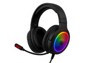 Black gaming headset with rgb lights on earcups and a flexible microphone, offering clear communication and immersive sound for gamers