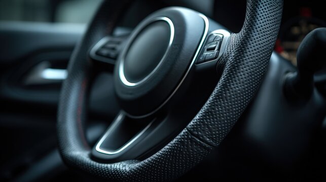 Modern Car Steering Wheel with Controls, Close-Up View of Automotive Interior Design and Technology