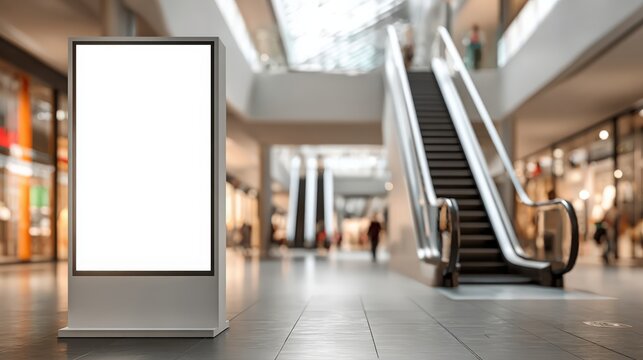 Blank Advertising Sign Mockup in Modern Shopping Center with Escalators and Commercial Spaces