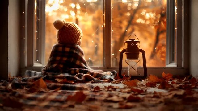A warm, autumnal scene featuring a doll wrapped in a plaid blanket and a knitted hat, gazing out of a window. The window is adorned with fairy lights.