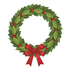 Fototapeta premium Traditional green christmas wreath with red berries and a festive red bow on a black background